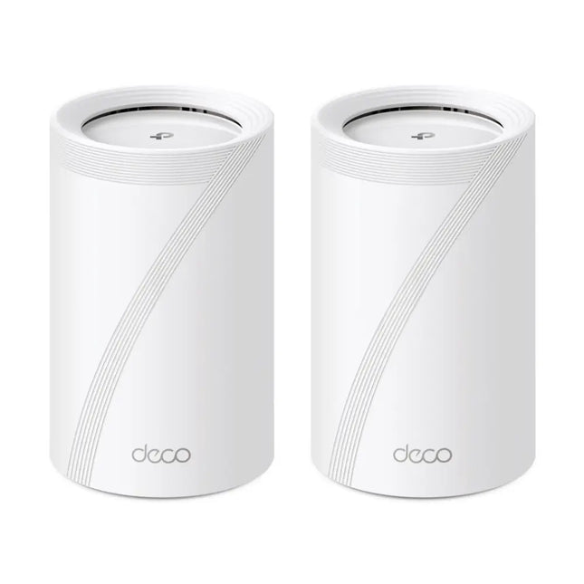 TP-Link Deco BE65 2-Pack BE11000 Whole Home Mesh Wi-Fi 7 System in white, standing on a tabletop.