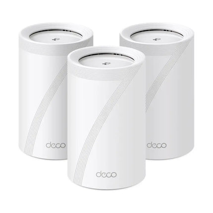 TP-Link Deco BE65 3-Pack BE11000 whole home mesh Wi-Fi 7 system showing three white cylindrical mesh routers.