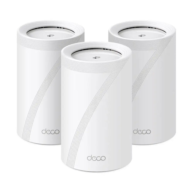 TP-Link Deco BE65 3-Pack BE11000 whole home mesh Wi-Fi 7 system showing three white cylindrical mesh routers.