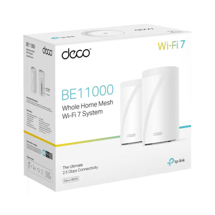 A 2-pack of TP-Link Deco BE65 BE11000 home mesh Wi-Fi 7 units styled seamlessly in a modern home setup.