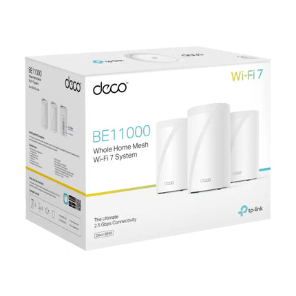 A 3-pack of TP-Link Deco BE65 BE11000 mesh Wi-Fi 7 units unboxed, highlighting their sleek, modern white design.