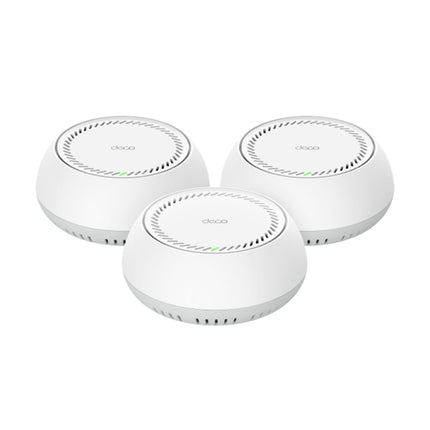 TP-Link Deco BE65-PoE BE11000 Whole Home Mesh Wi-Fi 7 system showing the sleek multi-pack nodes with integrated PoE support.