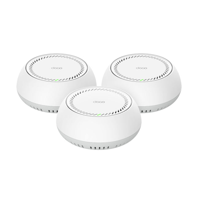 TP-Link Deco BE65-PoE BE11000 Whole Home Mesh Wi-Fi 7 system showing the sleek multi-pack nodes with integrated PoE support.