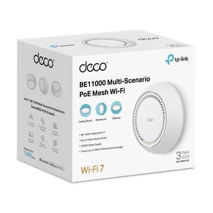 Deco BE65-PoE Tri-Band mesh Wi-Fi 7 node displaying its clean cylindrical design, optimized for clutter-free smart home setups.