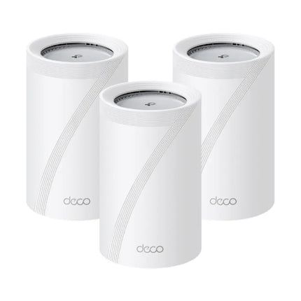 TP-Link Deco BE65 Pro whole home mesh Wi-Fi 7 system featuring a minimalist white cylindrical tower design with a subtle status light at the base.