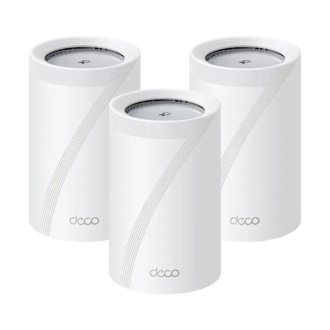 TP-Link Deco BE65 Pro whole home mesh Wi-Fi 7 system featuring a minimalist white cylindrical tower design with a subtle status light at the base.
