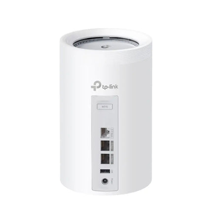 TP-Link Deco BE65 Pro Tri-Band WiFi 7 mesh router system showing two sleek white cylindrical nodes against a clean background.