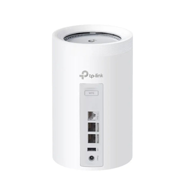 Rear view of the Deco BE65 Pro mesh unit highlighting two 5 Gbps WAN/LAN ports, one 2.5 Gbps port, and a USB 3.0 port for ultra-fast wired backhaul connectivity.