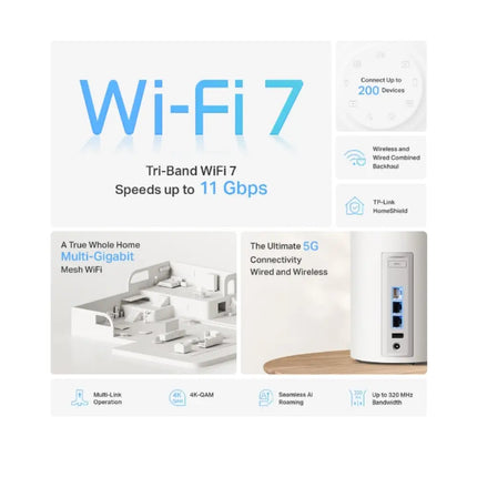A sleek white Deco BE65 Pro Wi-Fi 7 mesh router seamlessly placed on a modern living room side table, providing seamless high-speed internet and coverage for up to 200 devices.