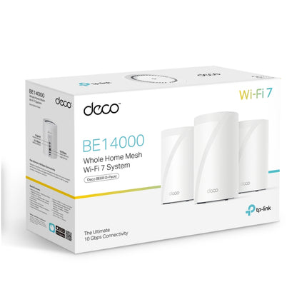 Official retail packaging for the TP-Link Deco BE68 BE14000 Tri-Band Whole Home Mesh Wi-Fi 7 3-pack.