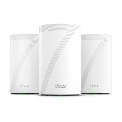 Front view of the TP-Link Deco BE68 3-pack whole home mesh Wi-Fi 7 system showing three white cylindrical units.

Option 2: Lifestyle / In-Home Placement
