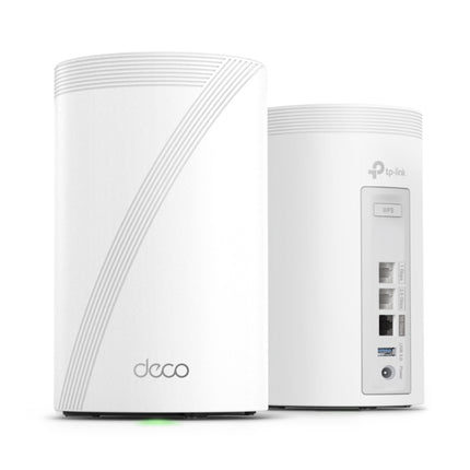 A 3-pack bundle of the white TP-Link Deco BE68 BE14000 tri-band whole home mesh Wi-Fi 7 system units standing in a neat arrangement.