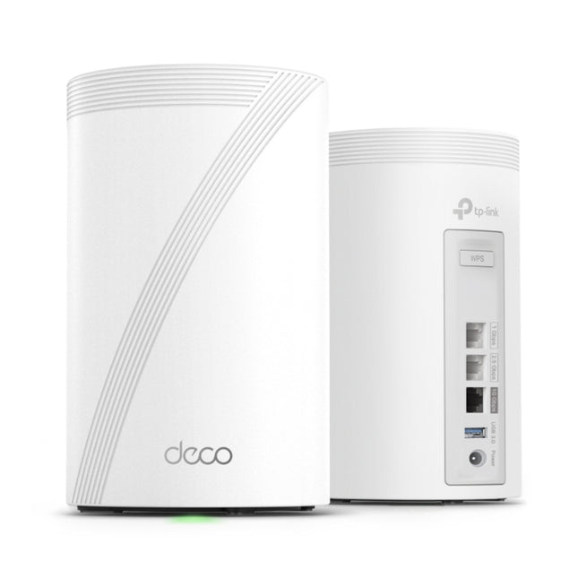 A 3-pack bundle of the white TP-Link Deco BE68 BE14000 tri-band whole home mesh Wi-Fi 7 system units standing in a neat arrangement.