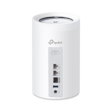 Side angled view of a Deco BE68 Wi-Fi 7 mesh node, showing its modern white matte finish and subtle corporate branding.