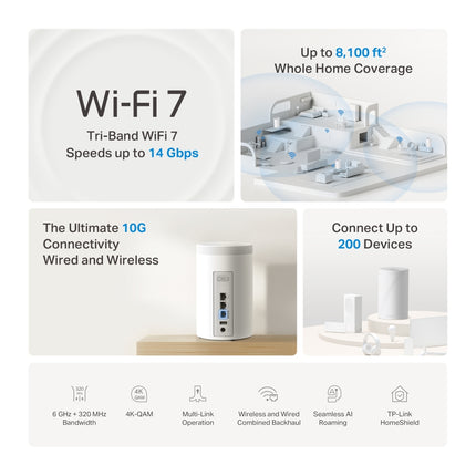 A TP-Link Deco BE68 Wi-Fi 7 mesh router node blending cleanly into home decor on a wooden console table in a contemporary hallway.
