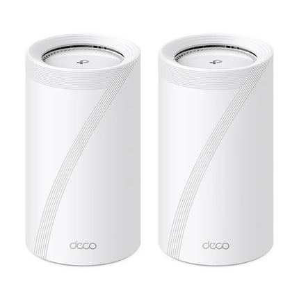 TP-Link Deco BE85 2-Pack BE22000 Tri-Band Whole Home Mesh Wi-Fi 7 System showing two white cylindrical mesh routers.