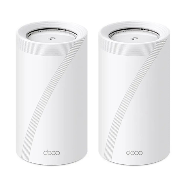 TP-Link Deco BE85 2-Pack BE22000 Tri-Band Whole Home Mesh Wi-Fi 7 System showing two white cylindrical mesh routers.