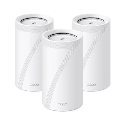 TP-Link Deco BE85 3-Pack BE22000 Tri-Band Whole Home Mesh Wi-Fi 7 System on display.