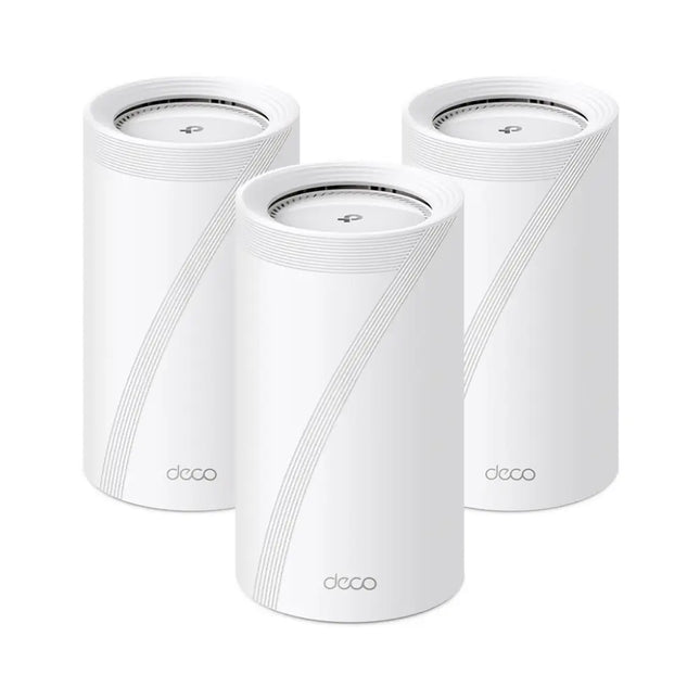 TP-Link Deco BE85 3-Pack BE22000 Tri-Band Whole Home Mesh Wi-Fi 7 System on display.