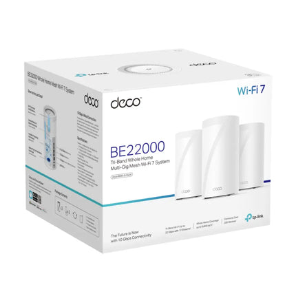 Retail packaging for the TP-Link Deco BE85 BE22000 Tri-Band Whole Home Mesh Wi-Fi 7 System 3-Pack.
