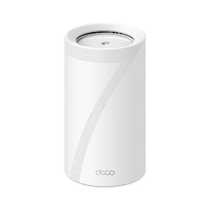 TP-Link Deco BE85 BE22000 Tri-Band Whole Home Mesh Wi-Fi 7 System, showing the sleek cylindrical mesh nodes.