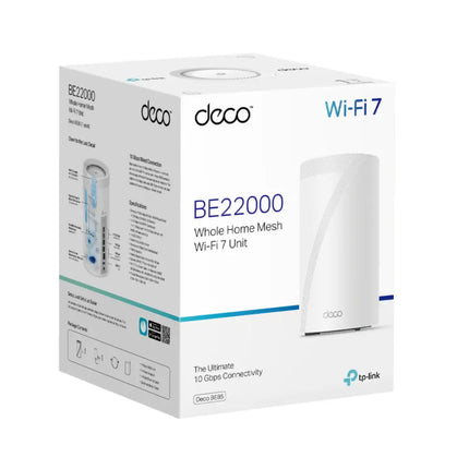 Front view of the retail packaging for the TP-Link Deco BE85 BE22000 Whole Home Mesh Wi-Fi 7 System, Australian Edition.