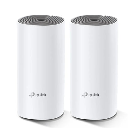 Front view of two TP-Link Deco E4 mesh units in white, showcasing their sleek cylindrical design and the 2-pack configuration intended for whole-home Wi-Fi coverage.