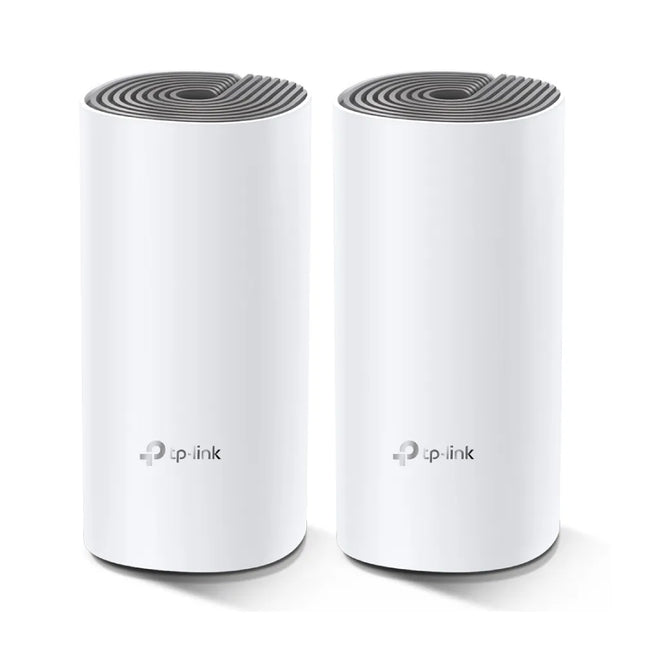 Front view of two TP-Link Deco E4 mesh units in white, showcasing their sleek cylindrical design and the 2-pack configuration intended for whole-home Wi-Fi coverage.
