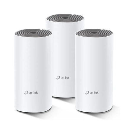 A pair of TP-Link Deco E4 mesh Wi-Fi units featuring a modern white-and-black tower design, providing seamless AC1200 dual-band coverage throughout a large home.