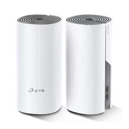 A lifestyle image of the Deco E4 units placed in different rooms of a house, illustrating the seamless roaming feature that allows devices to stay connected to a single network name.