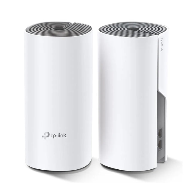 A lifestyle image of the Deco E4 units placed in different rooms of a house, illustrating the seamless roaming feature that allows devices to stay connected to a single network name.