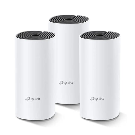 TP-Link Deco M4 AC1200 whole home mesh Wi-Fi system featuring white cylindrical router towers with a black spiral top design.