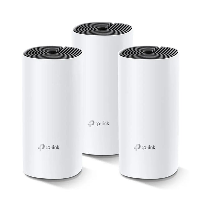 TP-Link Deco M4 AC1200 whole home mesh Wi-Fi system featuring white cylindrical router towers with a black spiral top design.
