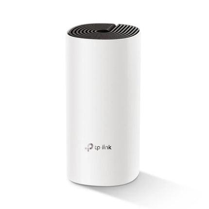 A single TP-Link Deco M4 unit featuring a sleek, white cylindrical tower design with a black decorative top and the TP-Link logo on the front.