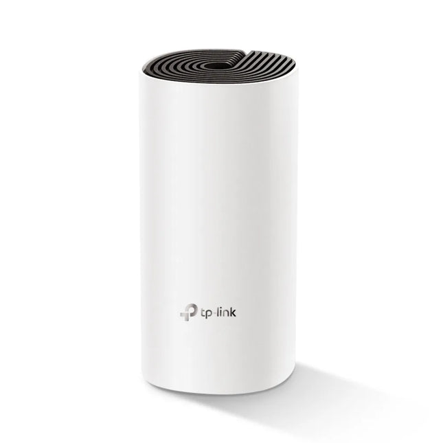 A single TP-Link Deco M4 unit featuring a sleek, white cylindrical tower design with a black decorative top and the TP-Link logo on the front.