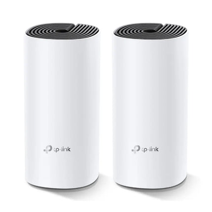P-Link Deco M4 V4 2-Pack whole home mesh Wi-Fi system showing two white and black cylindrical router units.