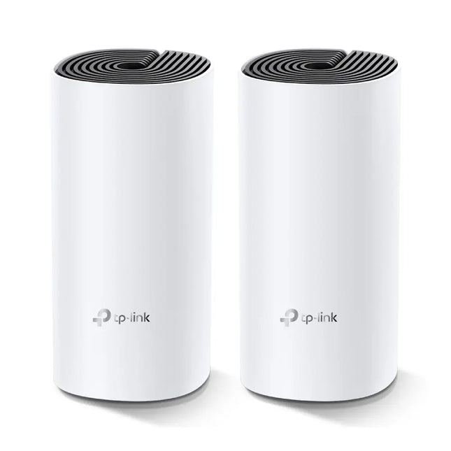 P-Link Deco M4 V4 2-Pack whole home mesh Wi-Fi system showing two white and black cylindrical router units.