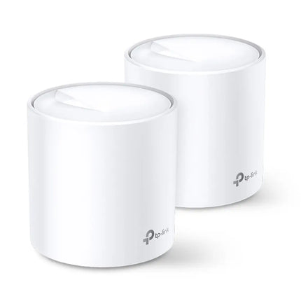 TP-Link Deco X20 2-pack AX1800 whole home mesh Wi-Fi 6 system featuring two sleek white cylindrical router units.