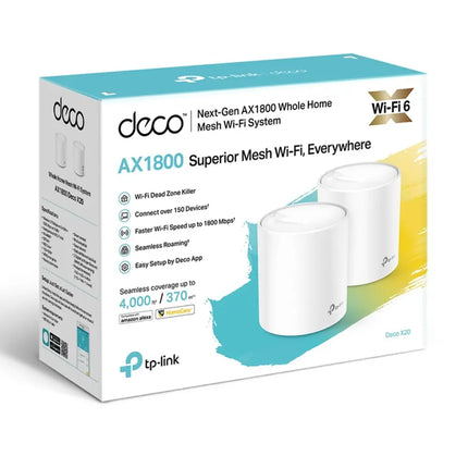 Official retail packaging for the TP-Link Deco X20 AX1800 whole home mesh Wi-Fi 6 two pack system.