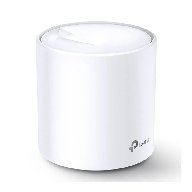 A set of three TP-Link Deco X20 units featuring a modern white cylindrical design, showcasing the AX1800 Wi-Fi 6 mesh system for seamless whole-home coverage.
