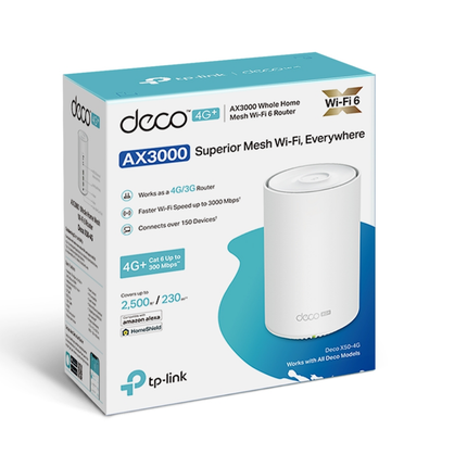 Rear view of TP-Link Deco X50-4G gateway showing ethernet ports and 4G+ LTE SIM card slot.