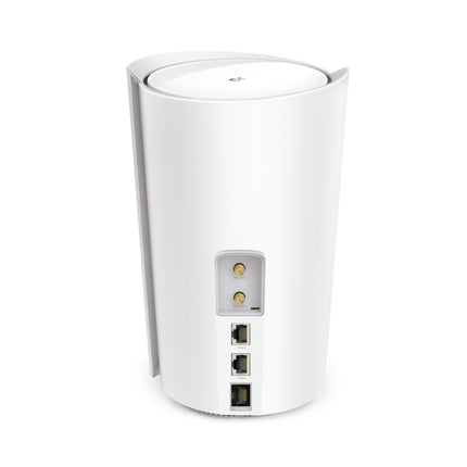 Rear view of the Deco X50-5G mesh gateway showcasing the integrated 5G SIM card slot and high-speed internet ports.