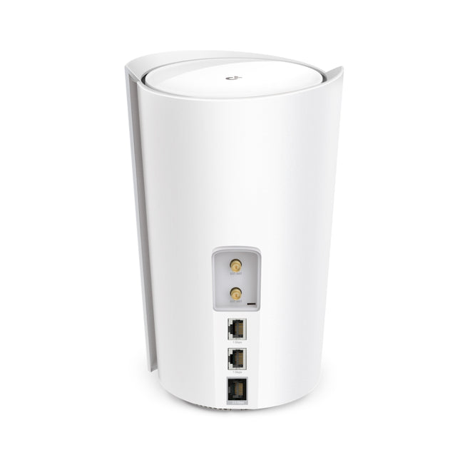 Rear view of the Deco X50-5G mesh gateway showcasing the integrated 5G SIM card slot and high-speed internet ports.