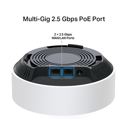 Close-up of the back of the Deco X50-PoE showing the 2.5 Gbps multi-gigabit port and PoE input for power and data.