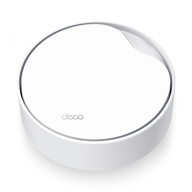 TP-Link Deco X50-PoE AX3000 whole home mesh Wi-Fi 6 units displayed together, showing their sleek, disc-shaped design.