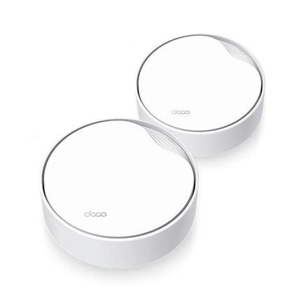 A TP-Link Deco X50-PoE mesh Wi-Fi unit cleanly mounted to a white ceiling, highlighting its cord-free look.