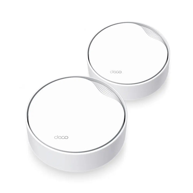 A TP-Link Deco X50-PoE mesh Wi-Fi unit cleanly mounted to a white ceiling, highlighting its cord-free look.