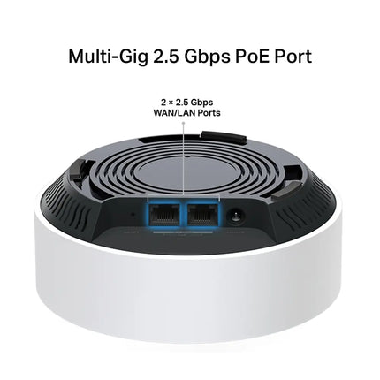 A ceiling-mounted TP-Link Deco X50-PoE mesh router delivering clean, wire-free Wi-Fi 6 coverage throughout a modern home.