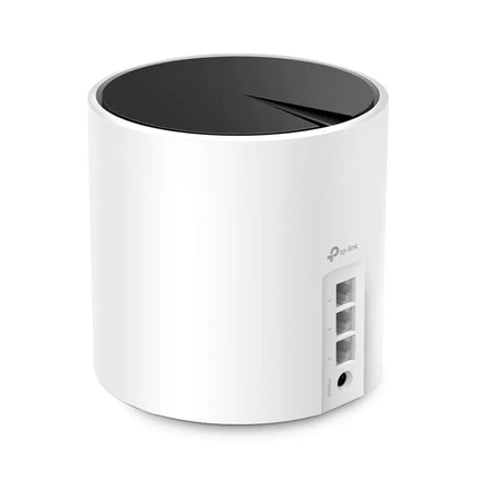 Three white TP-Link Australia Deco X55 mesh Wi-Fi 6 units grouped together, showcasing their modern, minimalist home design.