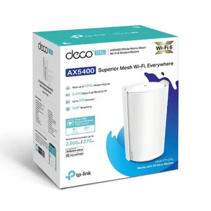 TP-Link Deco X73-DSL AX5400 whole home mesh Wi-Fi 6 router and VDSL modem in a sleek white cylindrical tower design.